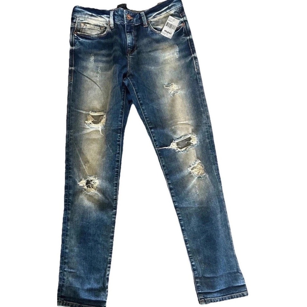 New Mavi Distressed Jeans ADA tapered Boyfriend 30 Measured 28 Inseam 9" Rise